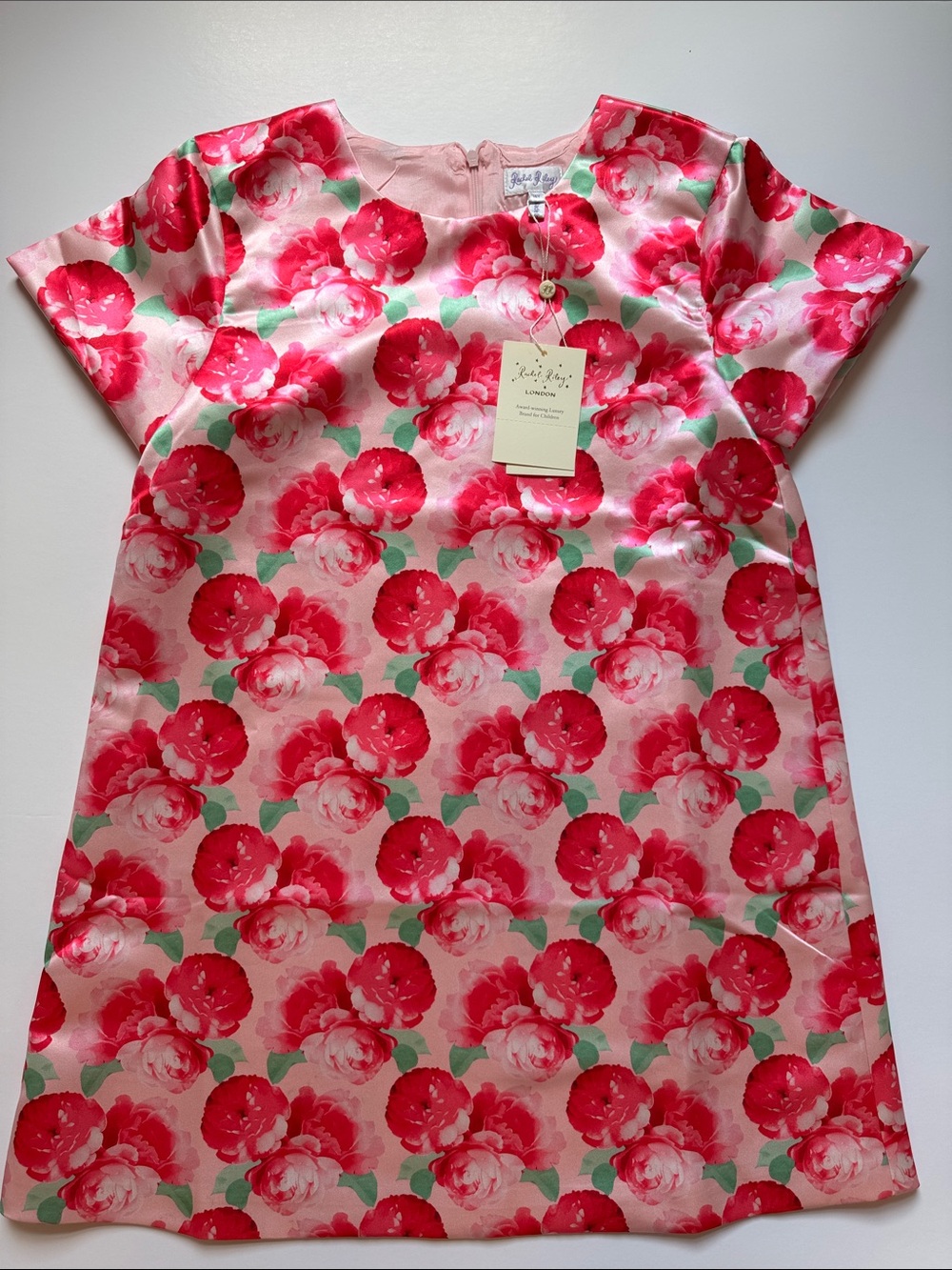 Rachel Riley Semi Formal Hot Pink Floral Satin Shift Dress with Green Leaves
